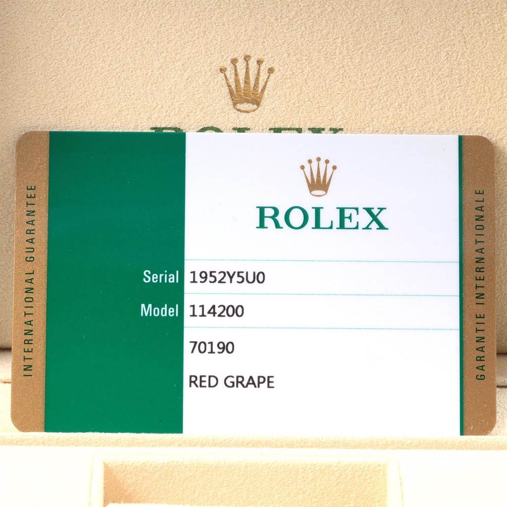 The image shows an international guarantee card for a Rolex Oysterquartz 114200 Men's Stainless Steel Burgundy Dial 114200 Men's Stainless Steel Burgundy Dial model, displaying the serial number, model number, and color.