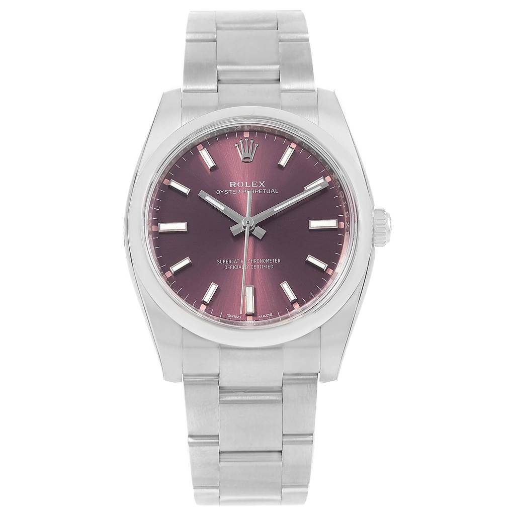 The image shows a Rolex Oysterquartz 114200 Men's Stainless Steel Burgundy Dial 114200 Men's Stainless Steel Burgundy Dial watch from a front angle, including the dial, case, and bracelet.