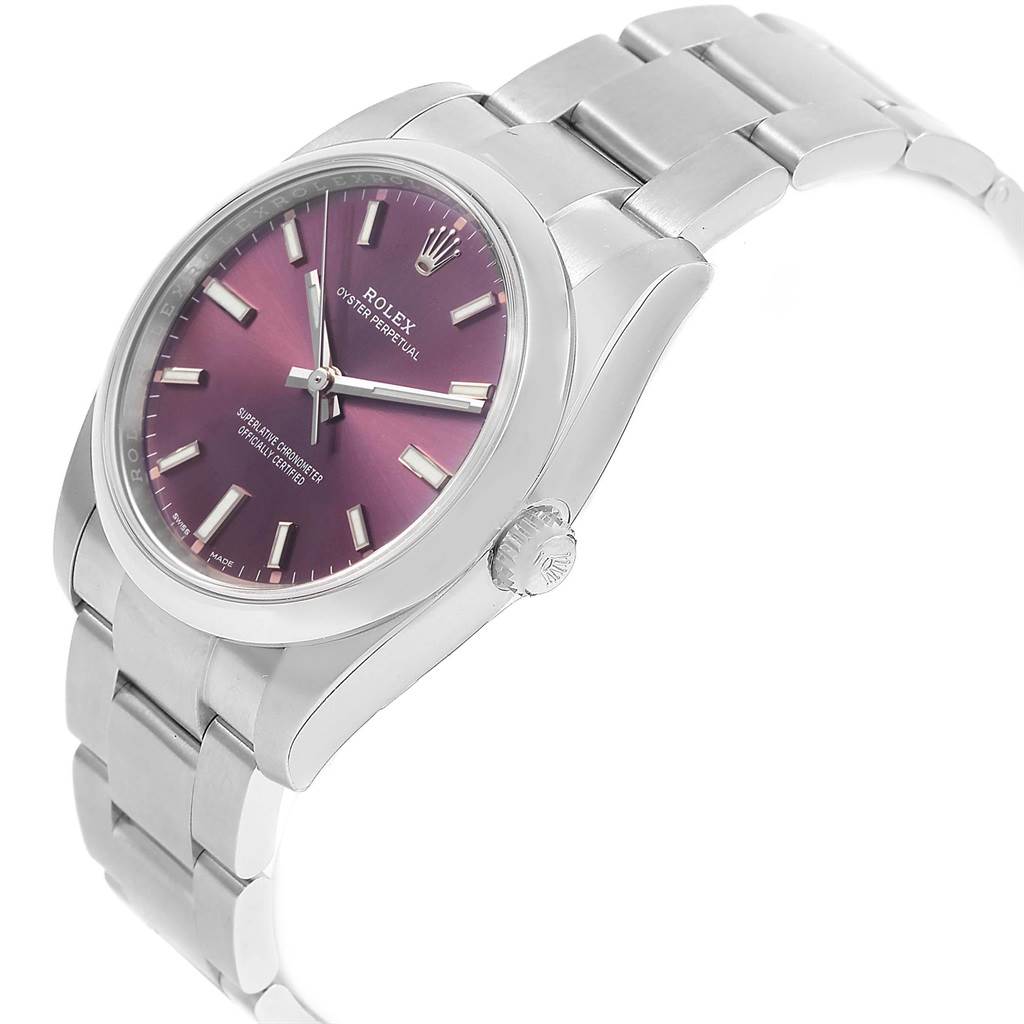 The Rolex Oysterquartz 114200 Men's Stainless Steel Burgundy Dial 114200 Men's Stainless Steel Burgundy Dial watch is shown from an angled side view, highlighting the purple dial, crown, and metal bracelet.