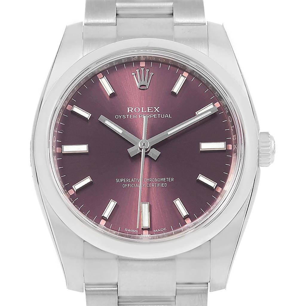 The image shows a front view of a Rolex Oysterquartz 114200 Men's Stainless Steel Burgundy Dial 114200 Men's Stainless Steel Burgundy Dial watch, highlighting its dial, hour markers, hands, and crown.