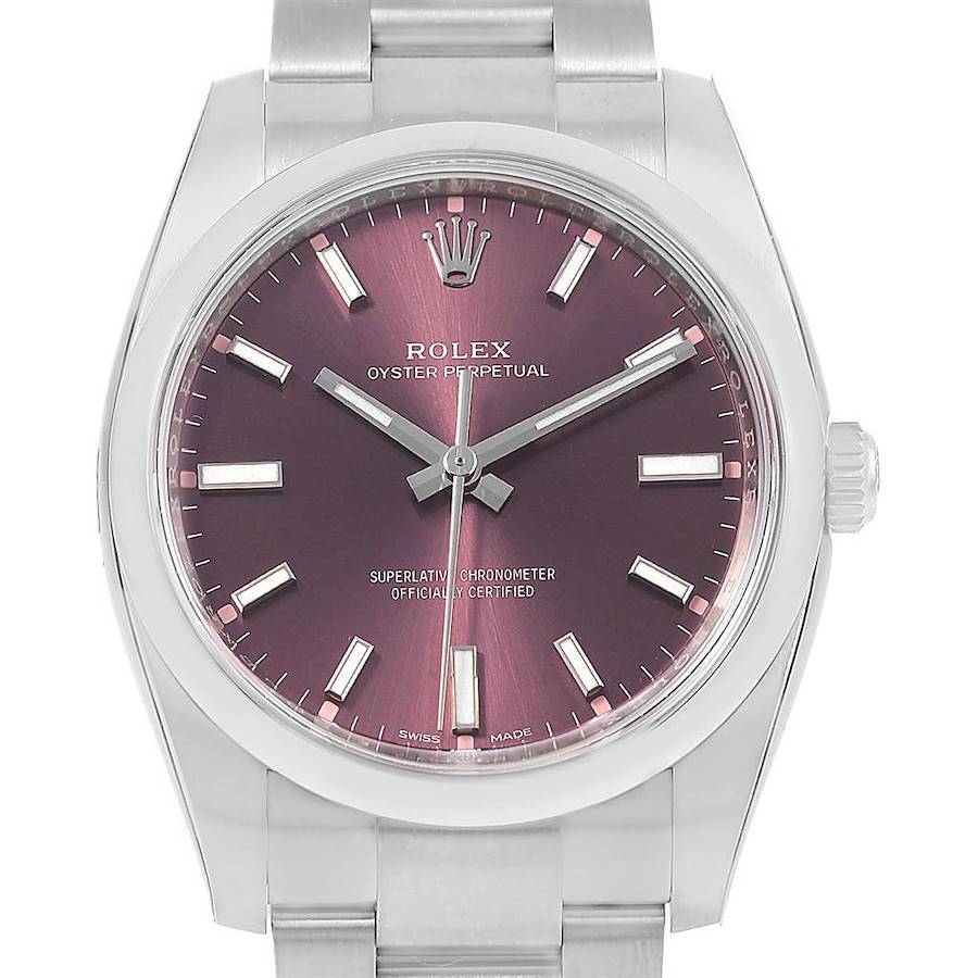 The image shows a front view of a Rolex Oysterquartz 114200 Men's Stainless Steel Burgundy Dial 114200 Men's Stainless Steel Burgundy Dial watch, highlighting its dial, hour markers, hands, and crown.