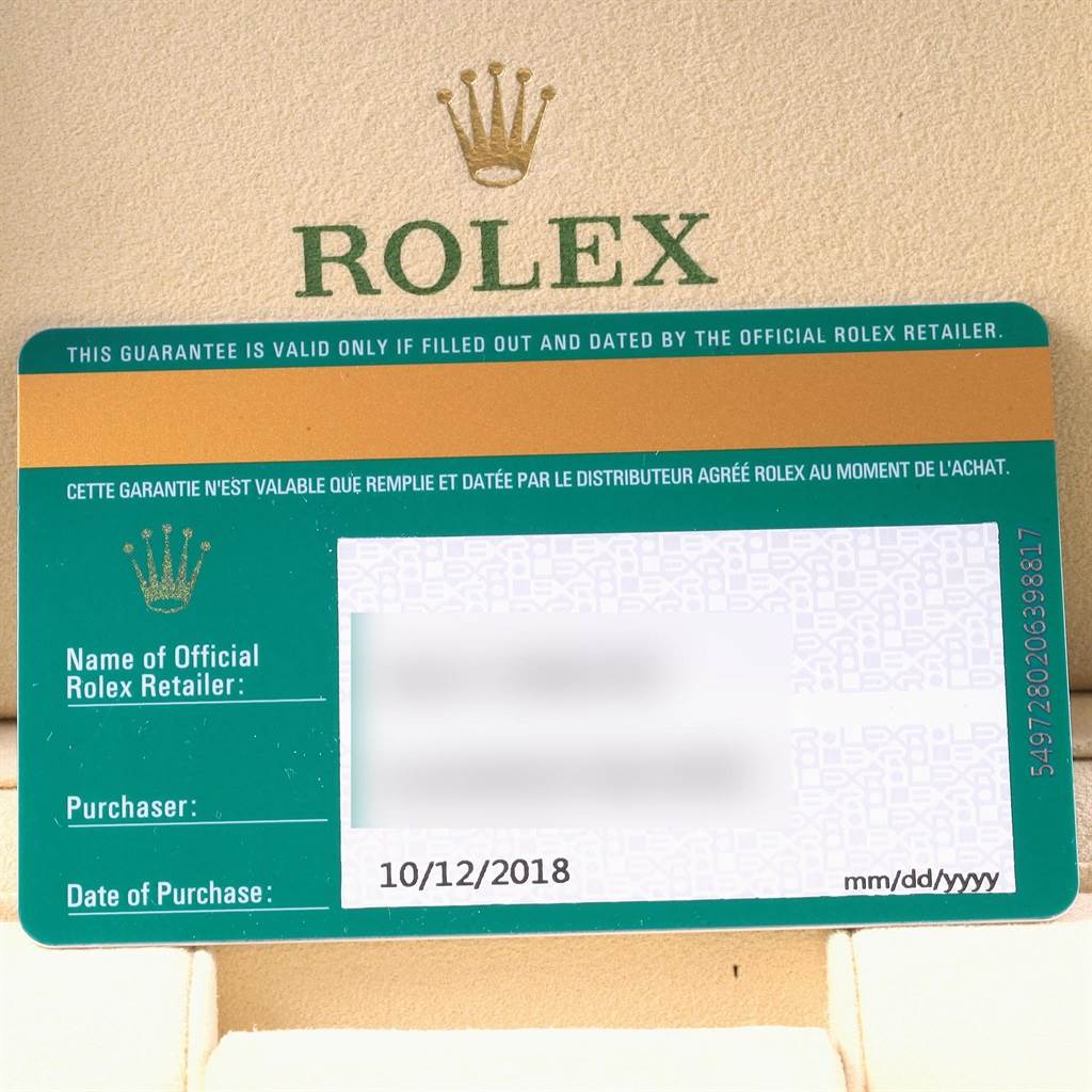 The image shows a warranty card for a Rolex Oysterquartz 114200 Men's Stainless Steel Burgundy Dial 114200 Men's Stainless Steel Burgundy Dial watch, indicating purchase details and retailer information.