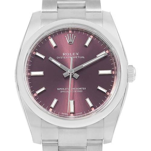 The image shows a front view of a Rolex Oysterquartz 114200 Men's Stainless Steel Burgundy Dial 114200 Men's Stainless Steel Burgundy Dial watch, highlighting the dial, hour markers, hands, and crown.