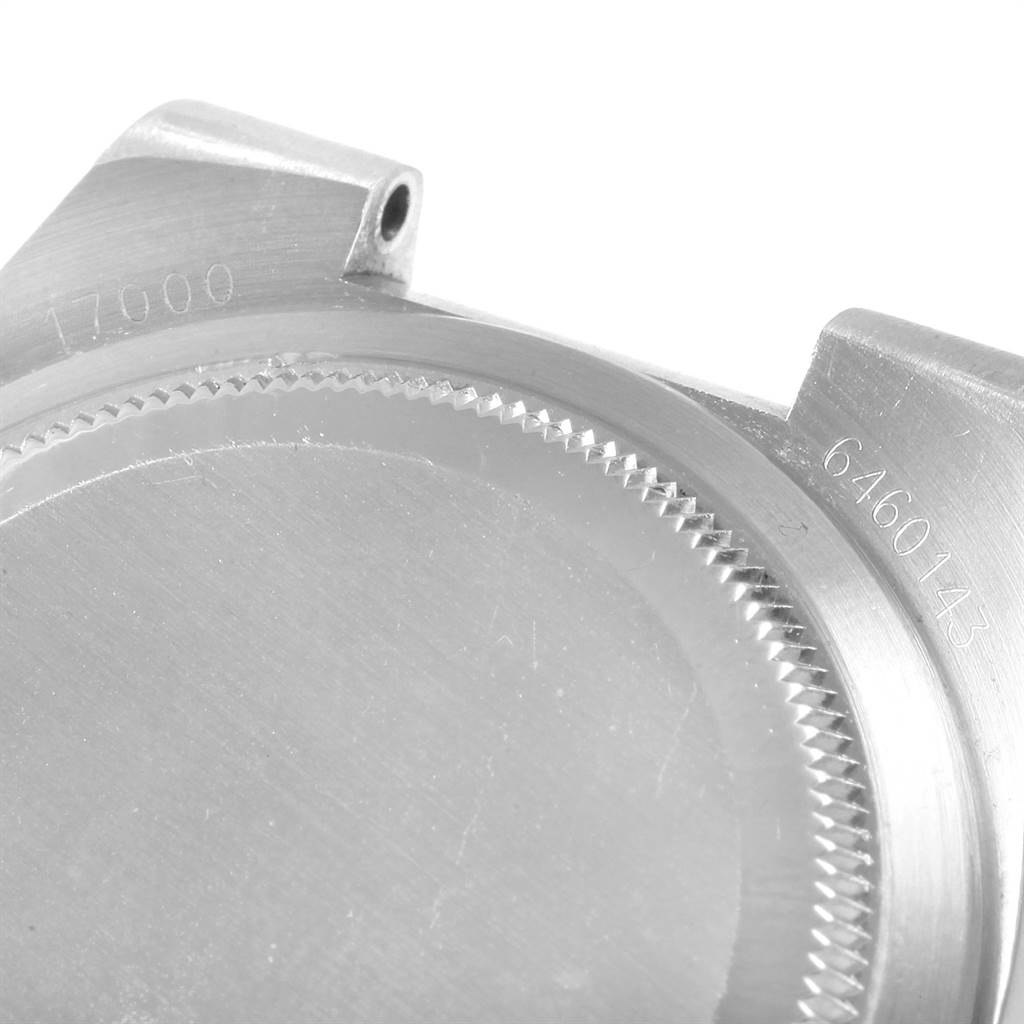 The image shows the back and lugs of a Rolex Oysterquartz 17000 Men's Stainless Steel White Dial 17000 Men's Stainless Steel White Dial watch, highlighting the case and engraved serial/model numbers.