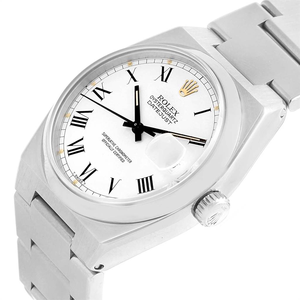 This Rolex Oysterquartz 17000 Men's Stainless Steel White Dial 17000 Men's Stainless Steel White Dial watch is shown at a slight angle displaying its face, bezel, crown, and part of the bracelet.