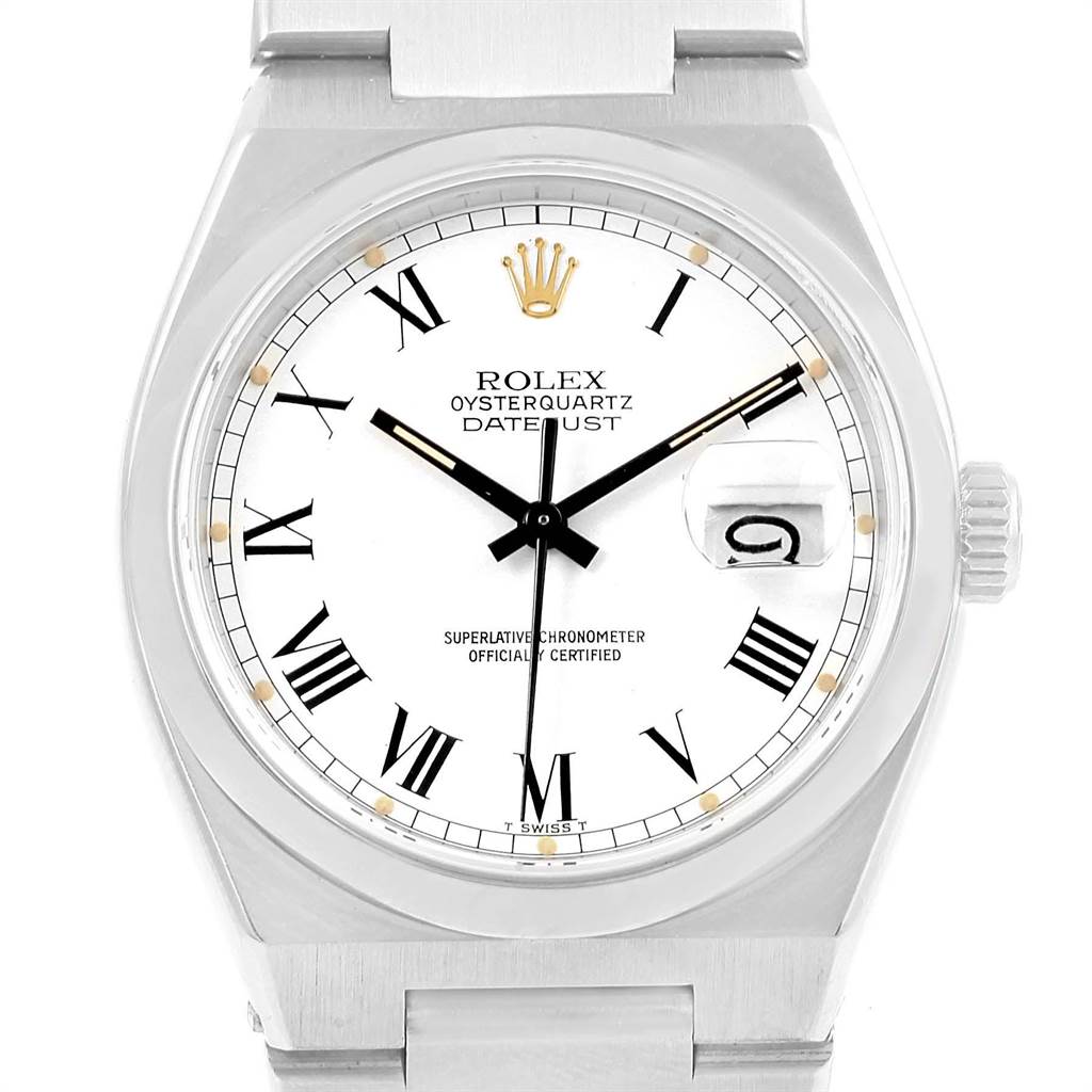 The Rolex Oysterquartz 17000 Men's Stainless Steel White Dial 17000 Men's Stainless Steel White Dial watch is shown from a front angle, displaying its white dial, black Roman numerals, and date window.