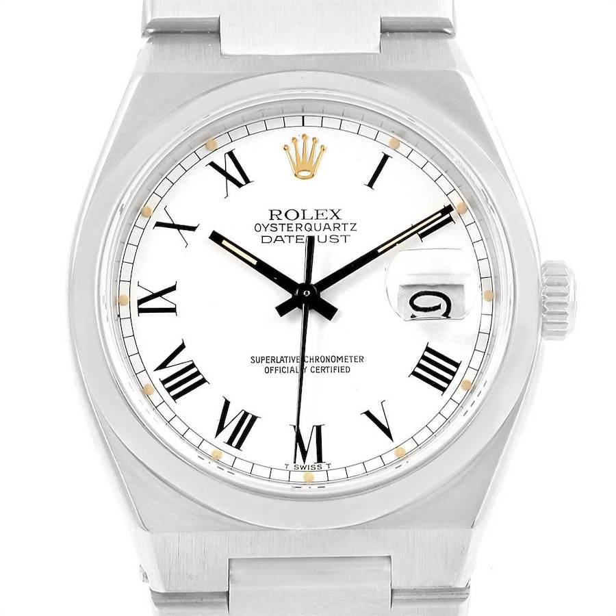 The Rolex Oysterquartz 17000 Men's Stainless Steel White Dial 17000 Men's Stainless Steel White Dial watch is shown from a front angle, displaying its white dial, black Roman numerals, and date window.