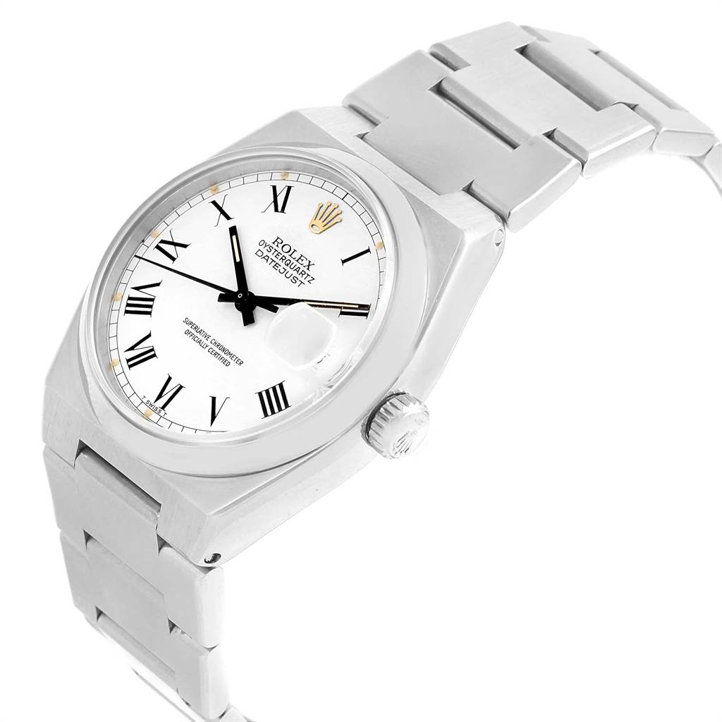 This Rolex Oysterquartz 17000 Men's Stainless Steel White Dial 17000 Men's Stainless Steel White Dial watch is shown at an angle displaying the case, crown, dial, and part of the bracelet.