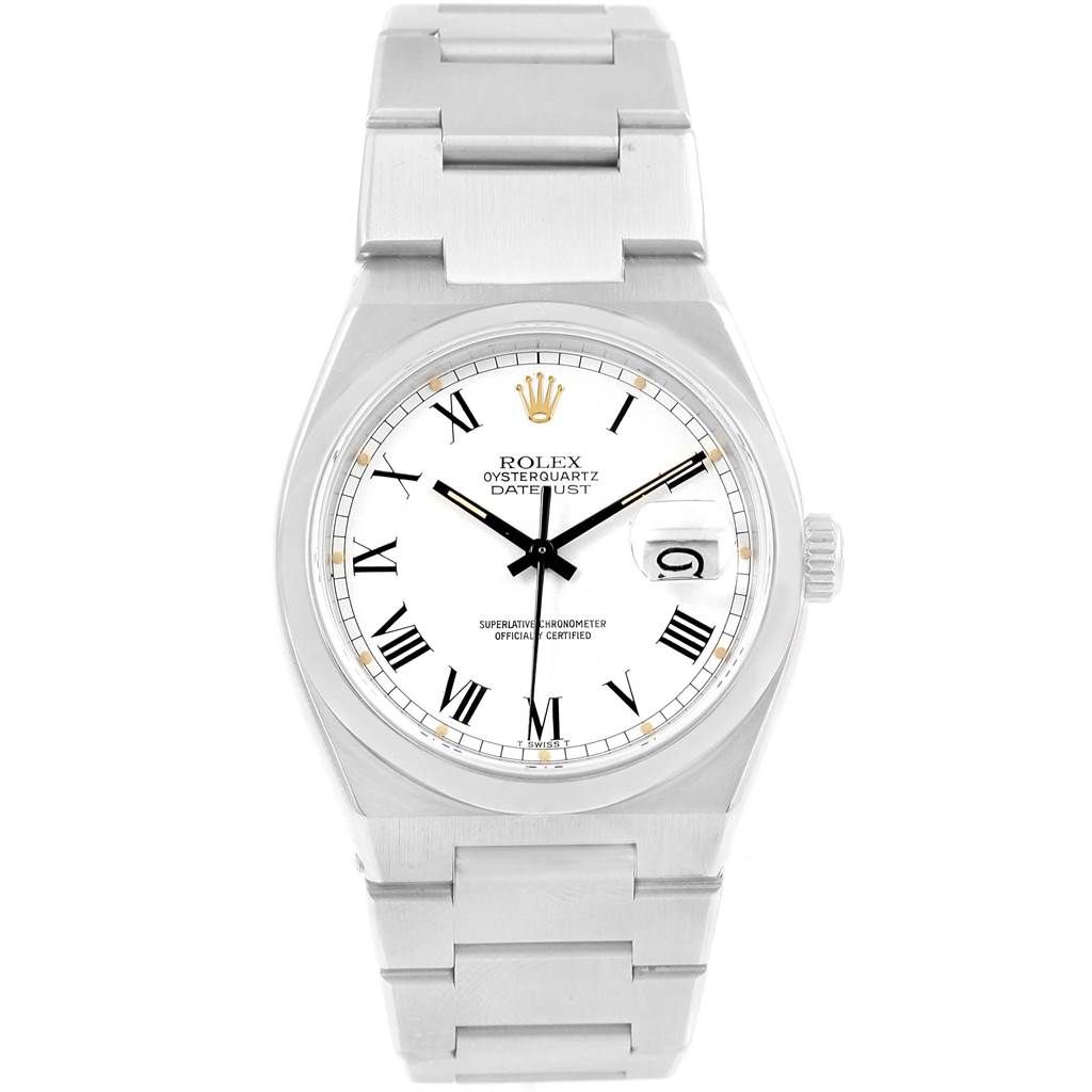 The image shows a front view of a Rolex Oysterquartz 17000 Men's Stainless Steel White Dial 17000 Men's Stainless Steel White Dial watch, displaying the full face, bezel, and bracelet.