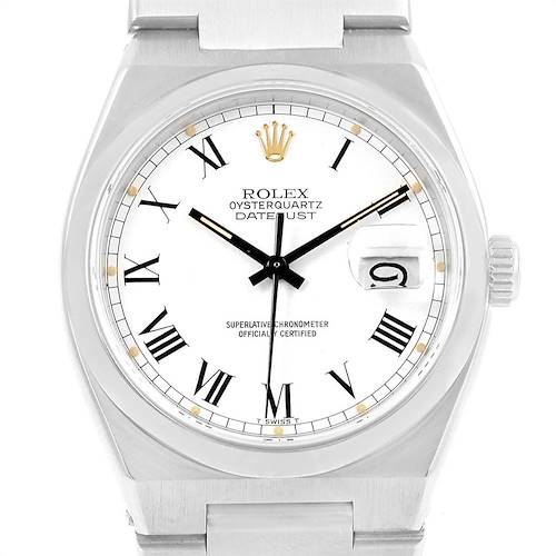 The image shows the front view of the Rolex Oysterquartz 17000 Men's Stainless Steel White Dial 17000 Men's Stainless Steel White Dial watch, featuring its dial, hands, date window, and part of the bracelet.