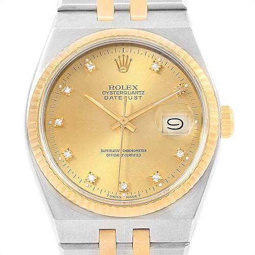 The image shows a frontal view of a Rolex Oysterquartz 17013 Men's Stainless Steel Champagne Dial 17013 Men's Stainless Steel Champagne Dial Datejust watch, highlighting the dial, bezel, and part of the bracelet.