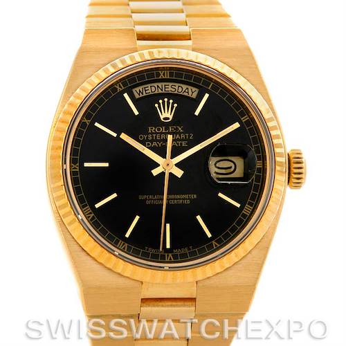 The Rolex President 19018 Men's Yellow Gold Black Dial 19018 Men's Yellow Gold Black Dial model watch is shown from a frontal angle, displaying the dial, bezel, and part of the bracelet.
