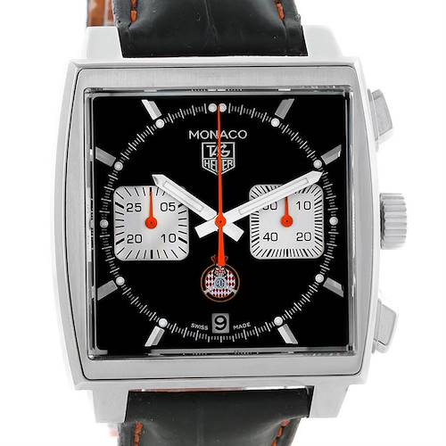 The image shows a frontal view of the Tag Heuer Monaco Limited Edition watch, displaying its black dial, chronograph subdials, and leather strap.