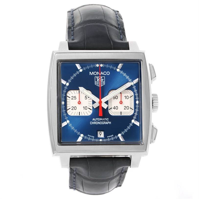 The image shows a front view of a Tag Heuer Monaco CW2113 Men's Stainless Steel Blue Dial CW2113 Men's Stainless Steel Blue Dial watch, displaying its square blue dial, subdials, and black leather strap.