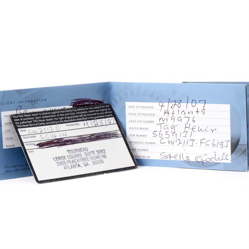 The image shows the warranty card and booklet for a Tag Heuer Monaco CW2113 Men's Stainless Steel Blue Dial CW2113 Men's Stainless Steel Blue Dial model watch.