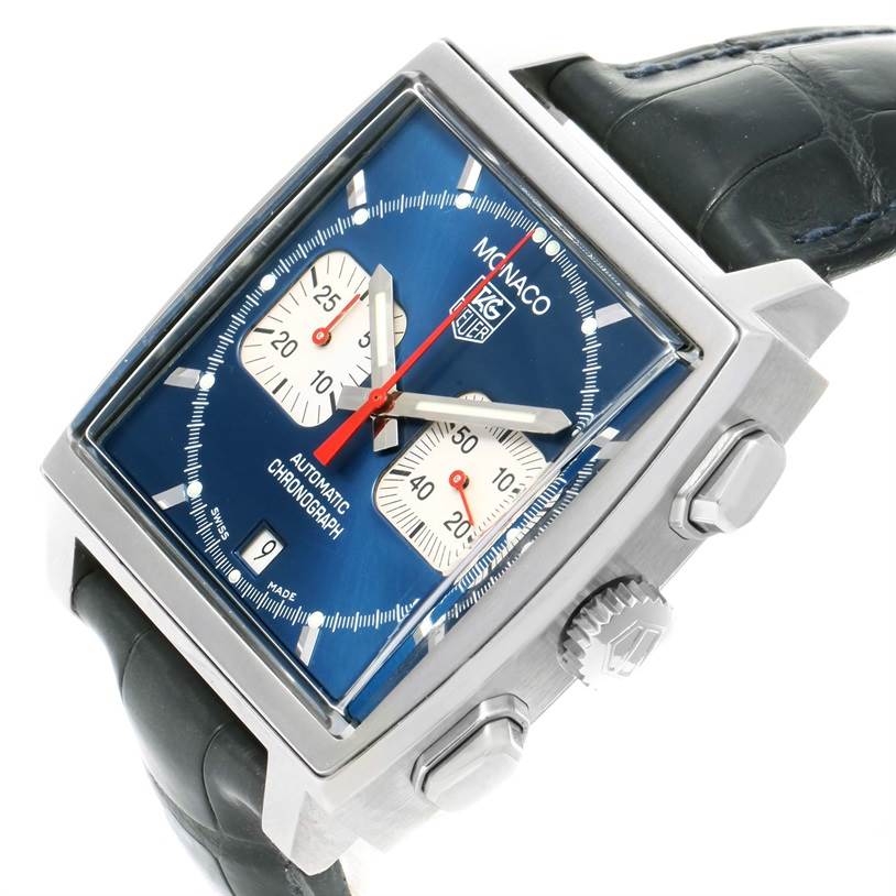 The Tag Heuer Monaco CW2113 Men's Stainless Steel Blue Dial CW2113 Men's Stainless Steel Blue Dial watch is shown at an angled view, displaying the dial, crown, pushers, and strap.