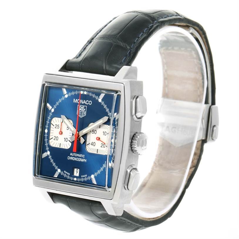 The Tag Heuer Monaco CW2113 Men's Stainless Steel Blue Dial CW2113 Men's Stainless Steel Blue Dial model watch is shown at an angled view, highlighting the dial, case, crown, and strap.