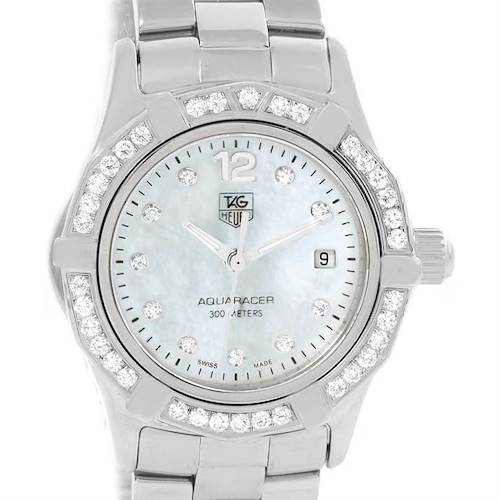 The image shows a frontal view of the Tag Heuer Aquaracer WAF1416.BA0824 Women's Stainless Steel Mother of Pearl Dial WAF1416.BA0824 Women's Stainless Steel Mother of Pearl Dial watch, highlighting the face, bezel, and part of the bracelet.