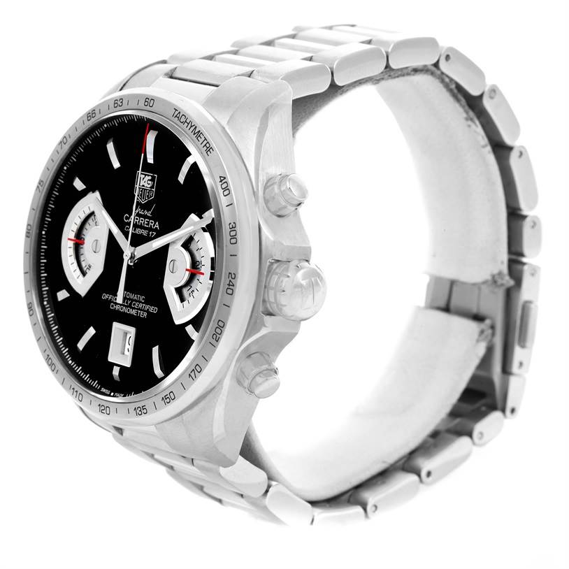 The image shows a Tag Heuer Carrera CAV511A Men's Stainless Steel Black Dial CAV511A Men's Stainless Steel Black Dial watch at a side angle, displaying the face, bezel, pushers, and metal bracelet.