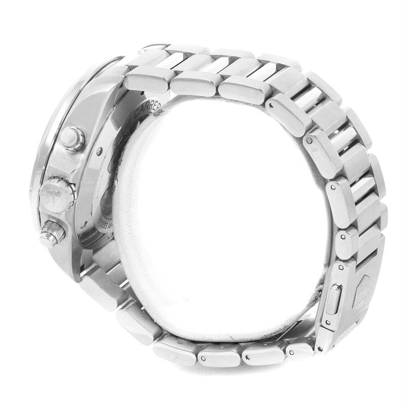 The image shows the side view of a Tag Heuer Carrera CAV511A Men's Stainless Steel Black Dial CAV511A Men's Stainless Steel Black Dial watch, highlighting the band, clasp, crown, and pushers.