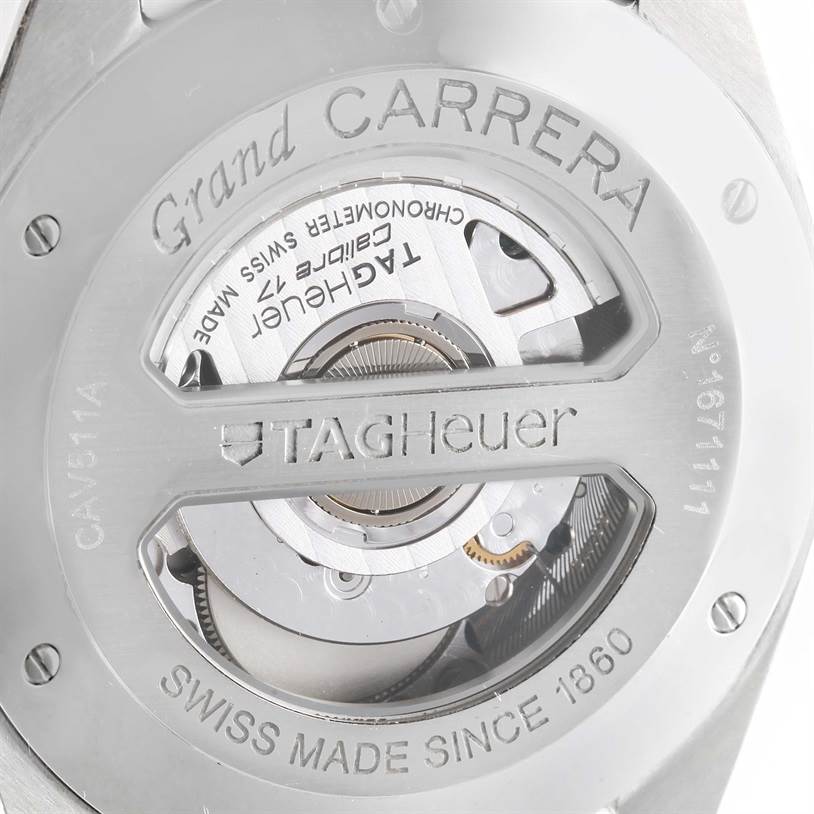 The image shows the back view of a Tag Heuer Carrera CAV511A Men's Stainless Steel Black Dial CAV511A Men's Stainless Steel Black Dial watch, revealing the inner movement and engraving details.