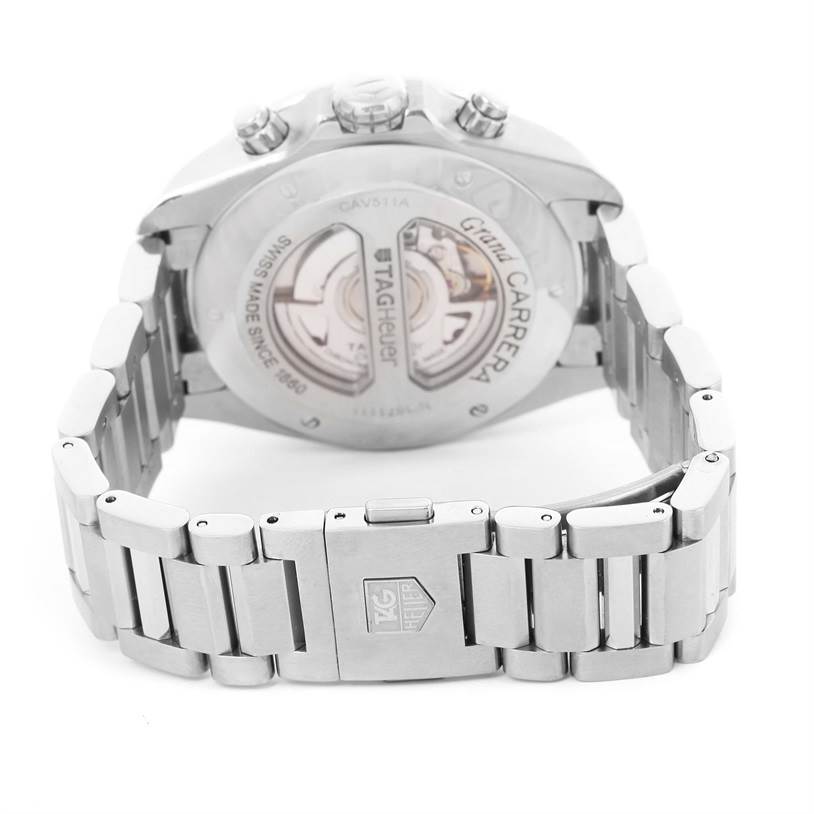 The image shows the back of a Tag Heuer Carrera CAV511A Men's Stainless Steel Black Dial CAV511A Men's Stainless Steel Black Dial watch, highlighting its clasp and transparent case back.