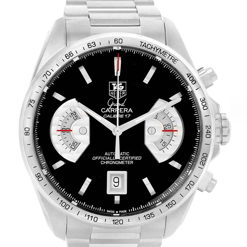 The image shows a front view of the Tag Heuer Carrera CAV511A Men's Stainless Steel Black Dial CAV511A Men's Stainless Steel Black Dial watch, highlighting its dial, sub-dials, and tachymeter bezel.