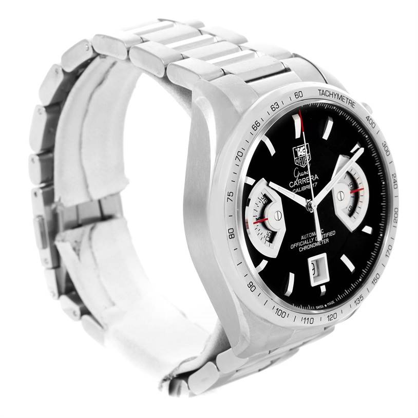 The image shows a Tag Heuer Carrera CAV511A Men's Stainless Steel Black Dial CAV511A Men's Stainless Steel Black Dial watch from an angled side view, highlighting the face, bezel, and metal bracelet.