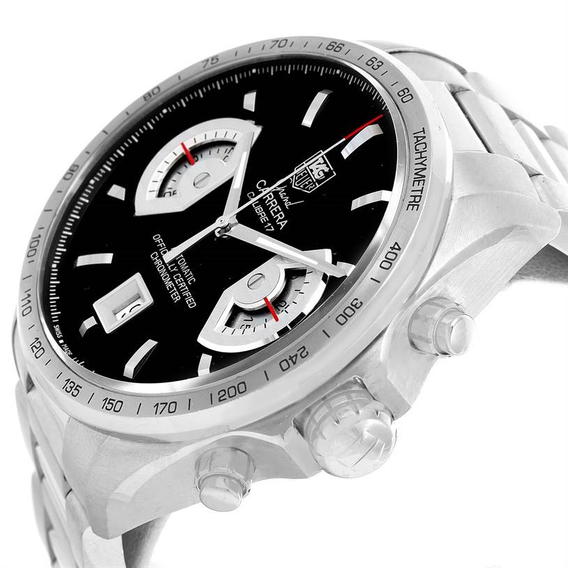 The image shows a Tag Heuer Carrera CAV511A Men's Stainless Steel Black Dial CAV511A Men's Stainless Steel Black Dial watch from a left-angled view focusing on the dial, bezel, and pushers.