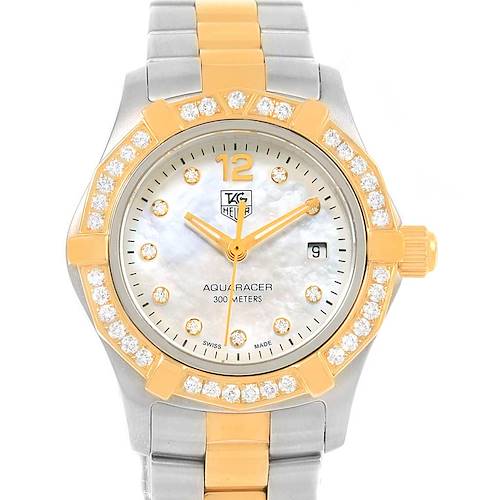 This image shows a front view of the Tag Heuer Aquaracer WAF1450.BA0825 Women's Steel and Gold (two tone) Mother of Pearl Dial WAF1450.BA0825 Women's Steel and Gold (two tone) Mother of Pearl Dial watch with a gold and silver band and a diamond-studded bezel.