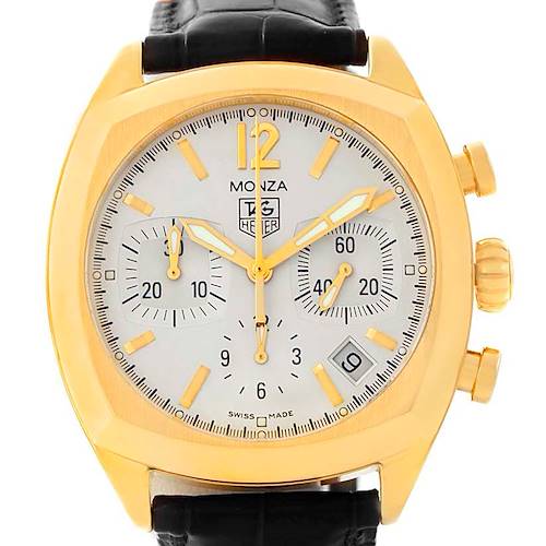 The Tag Heuer Monza CR514A Men's Yellow Gold Silver Dial CR514A Men's Yellow Gold Silver Dial watch is shown from a front angle, displaying the face, bezel, crown, and pushers.