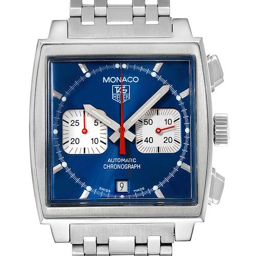 The image shows a front view of the Tag Heuer Monaco CW2113 Men's Stainless Steel Blue Dial CW2113 Men's Stainless Steel Blue Dial watch, displaying its square face, chronograph subdials, and steel bracelet.