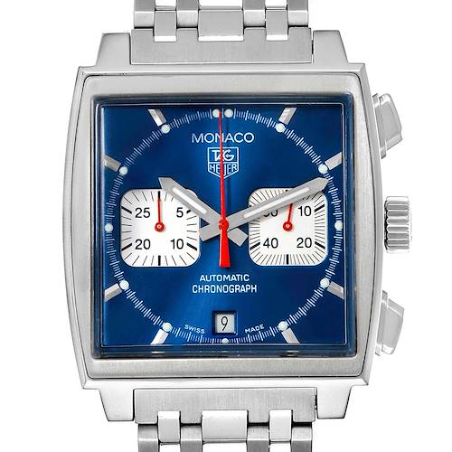 This image shows a front view of a Tag Heuer Monaco CW2113 Men's Stainless Steel Blue Dial CW2113 Men's Stainless Steel Blue Dial watch, highlighting its blue dial, chronograph subdials, and stainless steel bracelet.