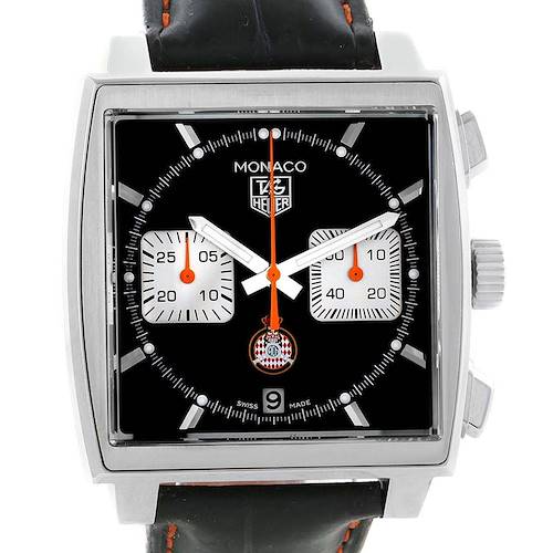 The image shows a frontal view of the Tag Heuer Limited Edition CAW211K.FC6311 Men's Stainless Steel Black Dial CAW211K.FC6311 Men's Stainless Steel Black Dial Monaco model, highlighting its square dial, subdials, and leather strap.