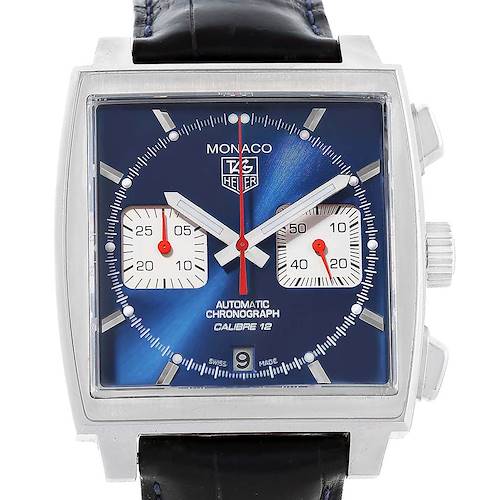 The image shows a front view of the Tag Heuer Monaco CAW2111 Men's Stainless Steel Blue Dial CAW2111 Men's Stainless Steel Blue Dial watch, featuring its dial, subdials, and crown.