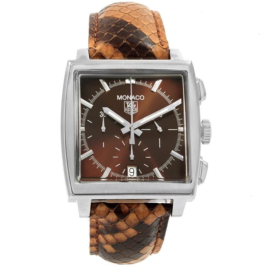 The image shows a front view of a Tag Heuer Monaco CW2114 Men's Stainless Steel Brown Dial CW2114 Men's Stainless Steel Brown Dial watch with a brown dial and a brown leather strap.