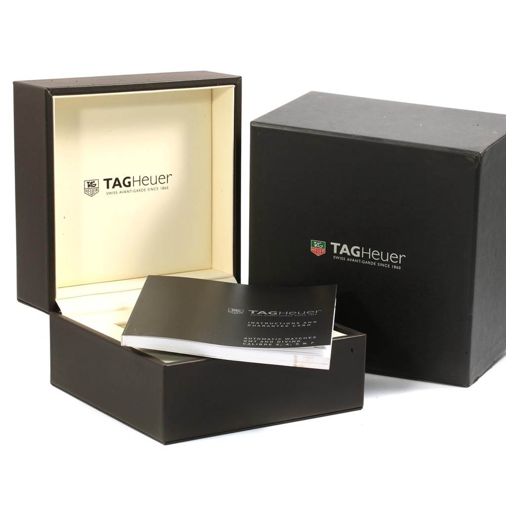 The image shows the open box, outer box, and manual of a Tag Heuer Monaco CW2114 Men's Stainless Steel Brown Dial CW2114 Men's Stainless Steel Brown Dial watch.