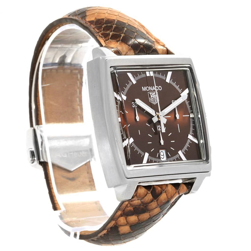 The image shows a side angle view of a Tag Heuer Monaco CW2114 Men's Stainless Steel Brown Dial CW2114 Men's Stainless Steel Brown Dial watch with a brown leather strap and a square face.