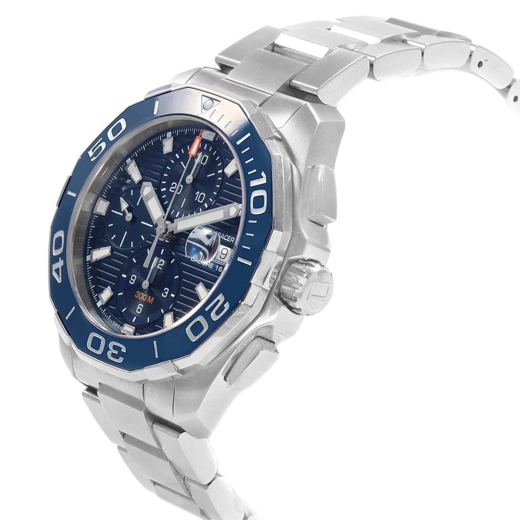 The Tag Heuer Aquaracer CAY211B.BA0927 Men's Stainless Steel Blue Dial CAY211B.BA0927 Men's Stainless Steel Blue Dial watch is shown at an angle, highlighting its blue dial, bezel, crown, and silver bracelet.