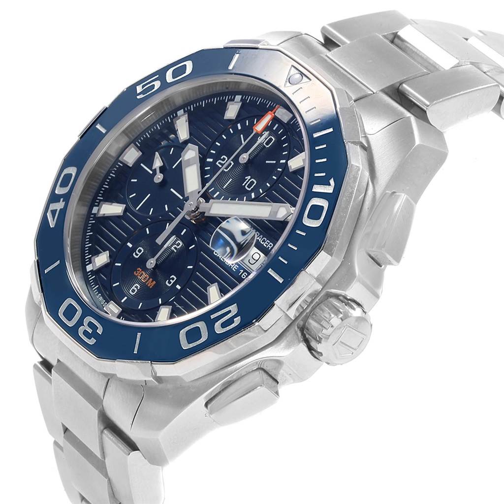 The image shows a side-angle view of the Tag Heuer Aquaracer CAY211B.BA0927 Men's Stainless Steel Blue Dial CAY211B.BA0927 Men's Stainless Steel Blue Dial watch, highlighting the bezel, crown, dial, and bracelet.