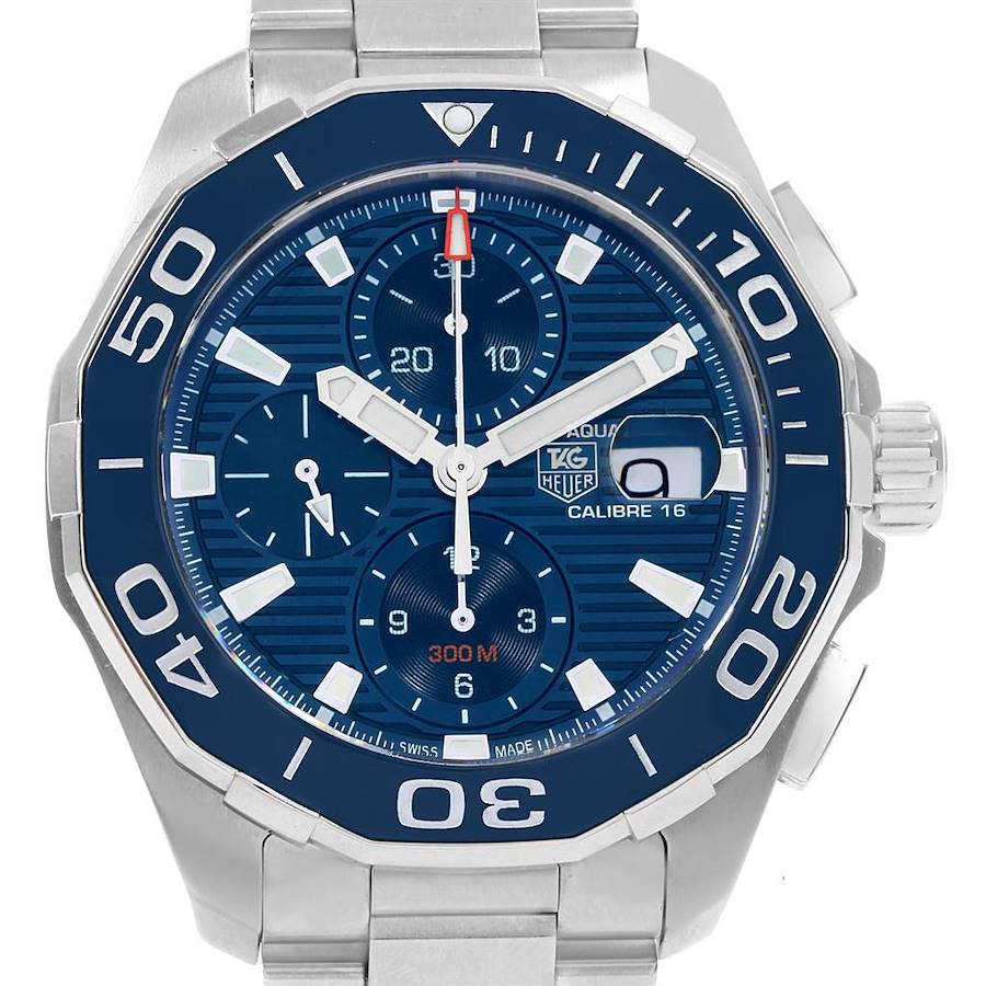 The image shows a front view of the Tag Heuer Aquaracer CAY211B.BA0927 Men's Stainless Steel Blue Dial CAY211B.BA0927 Men's Stainless Steel Blue Dial watch, highlighting its blue dial, three sub-dials, date window, and bezel.