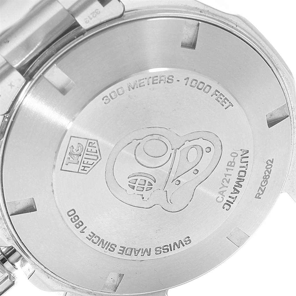 The image shows the back casing of a Tag Heuer Aquaracer CAY211B.BA0927 Men's Stainless Steel Blue Dial CAY211B.BA0927 Men's Stainless Steel Blue Dial watch featuring engraved details and specifications.
