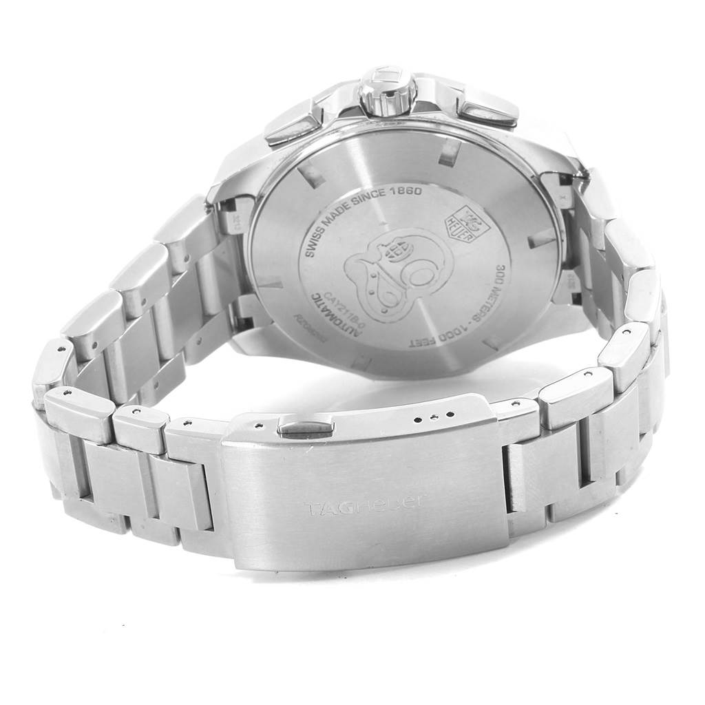 This image shows the back side of the Tag Heuer Aquaracer CAY211B.BA0927 Men's Stainless Steel Blue Dial CAY211B.BA0927 Men's Stainless Steel Blue Dial watch, highlighting the clasp, bracelet, and case back.