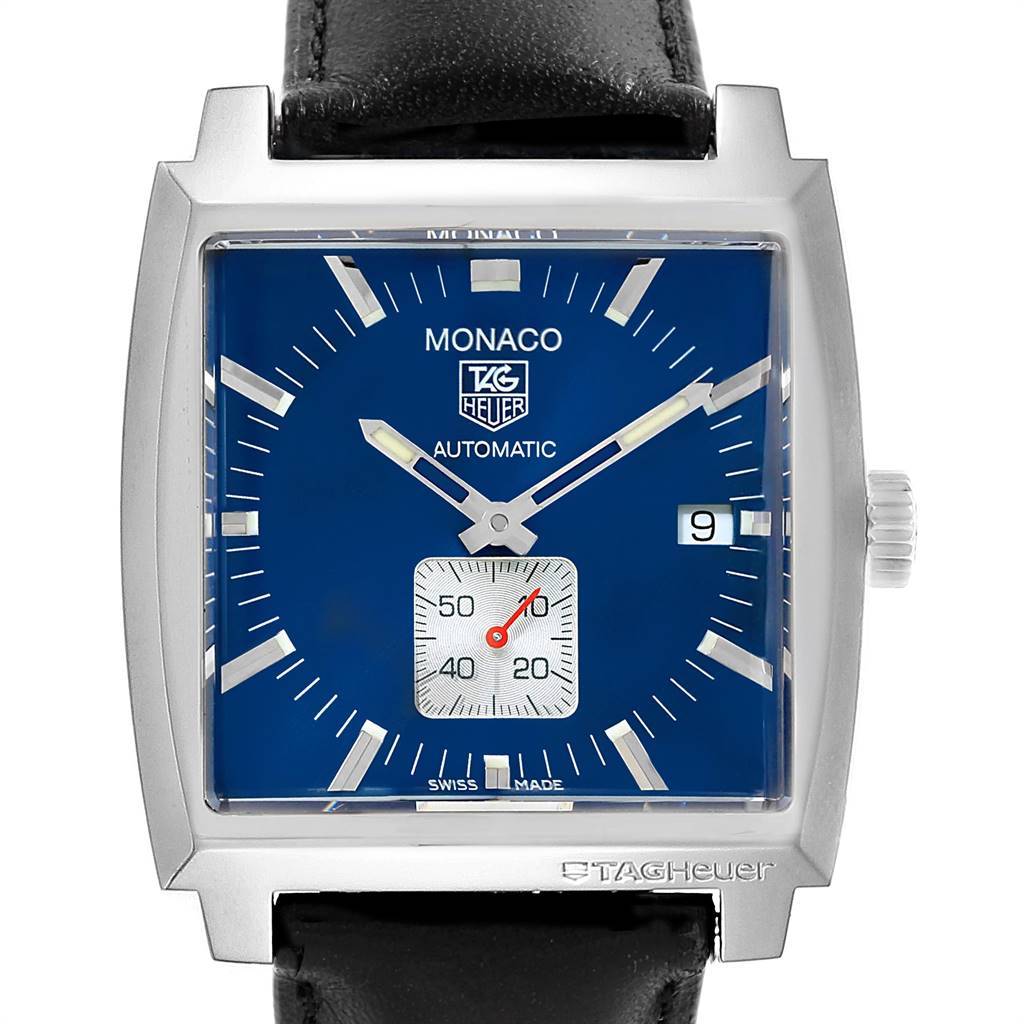 The image shows a front-facing view of the Tag Heuer Monaco WW2111.FC6204 Men's Stainless Steel Blue Dial WW2111.FC6204 Men's Stainless Steel Blue Dial model watch, highlighting its blue dial, square case, and black leather strap.