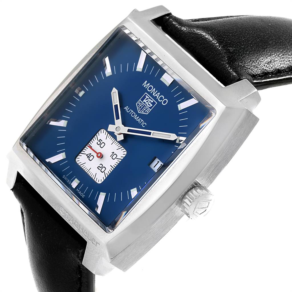 The image shows the dial, crown, case, and part of the black leather strap of the Tag Heuer Monaco WW2111.FC6204 Men's Stainless Steel Blue Dial WW2111.FC6204 Men's Stainless Steel Blue Dial watch at an angle.