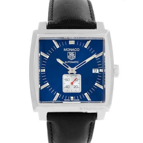 This image shows a Tag Heuer Monaco WW2111.FC6204 Men's Stainless Steel Blue Dial WW2111.FC6204 Men's Stainless Steel Blue Dial watch from a front angle, highlighting the dial, hands, date window, and part of the strap.
