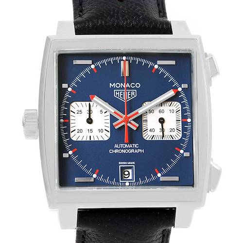 The image shows a front view of the Tag Heuer Monaco CAW211P Men's Stainless Steel Blue Dial CAW211P Men's Stainless Steel Blue Dial watch, including the dial, hands, date window, and part of the strap.