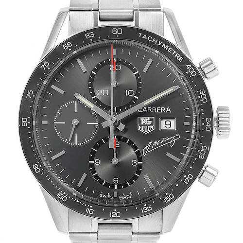 This is a front-facing view of the Tag Heuer Carrera Limited Edition watch showing the dial, sub-dials, and date window.