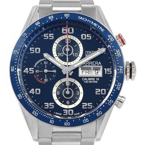 The Tag Heuer Carrera CV2A1V.BA0738 Men's Stainless Steel Blue Dial CV2A1V.BA0738 Men's Stainless Steel Blue Dial watch is shown from a front angle, highlighting its blue dial, chronograph subdials, and date display.