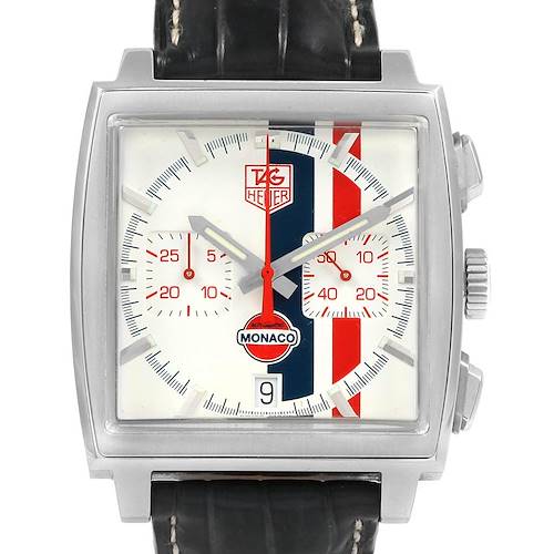The image shows a front view of the Tag Heuer Monaco Limited Edition watch, highlighting its dial, crown, and strap.